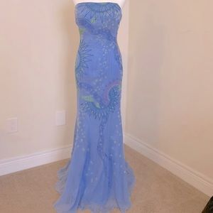 Vintage Periwinkle Hand Beaded Strapless Gown - 100% silk chiffon, size M